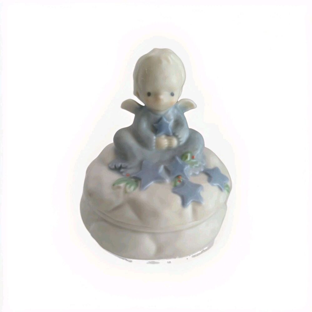 Baby Boy Angel Porcelain Trinket Box Cloud Stars Vintage 89' Enesco Kinka 4.5x4"